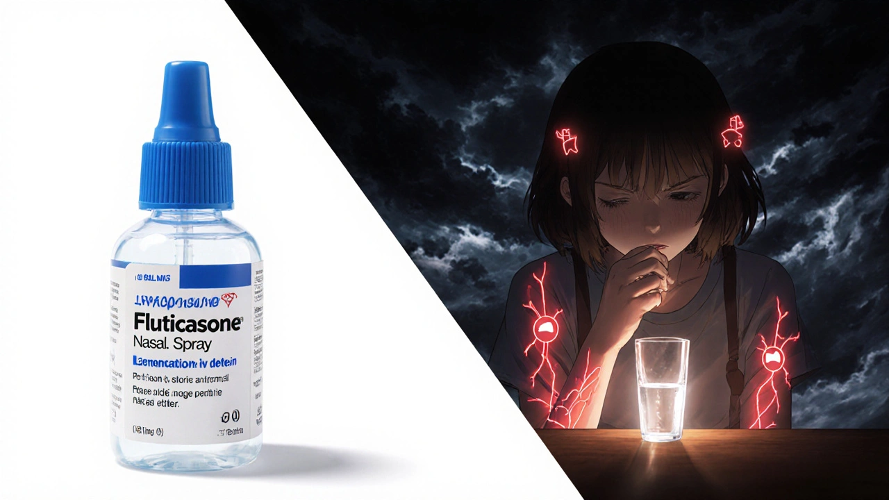 A teen swallowing a pill as dark shadows spread around her