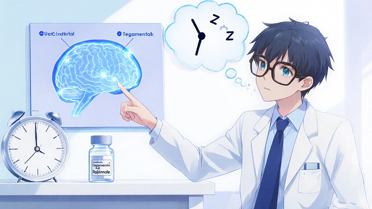 Anime doctor explains ropinirole's brain effect with a pill bottle and afternoon clock.