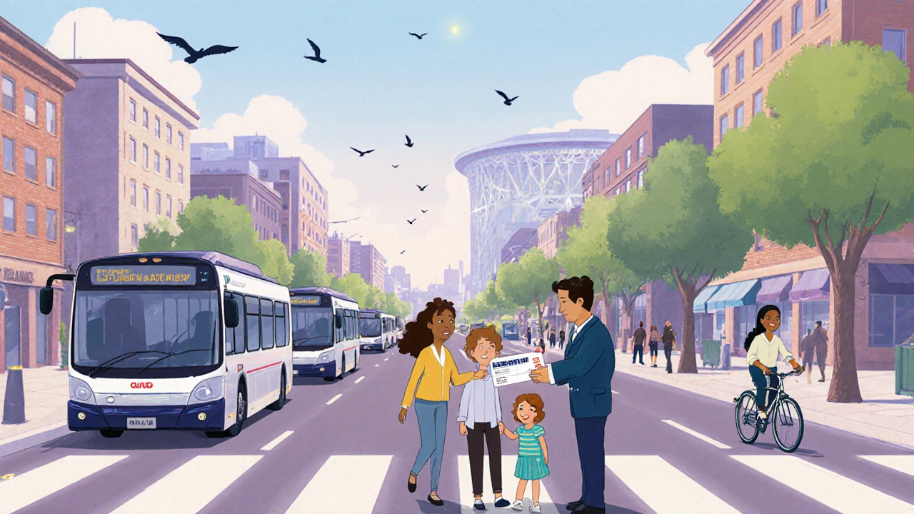 Clear street with electric buses, cyclists, and a family receiving a discount card.