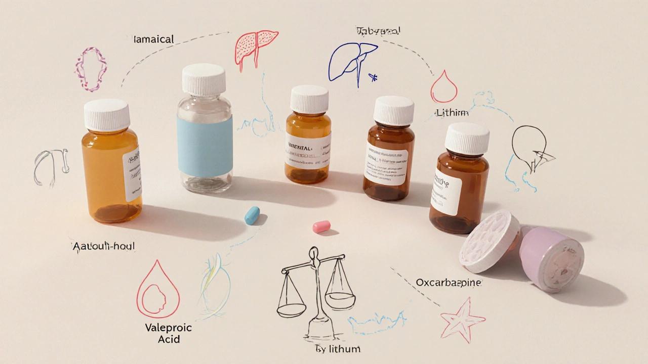Collage of mood stabilizer bottles with visual icons representing their side effects.
