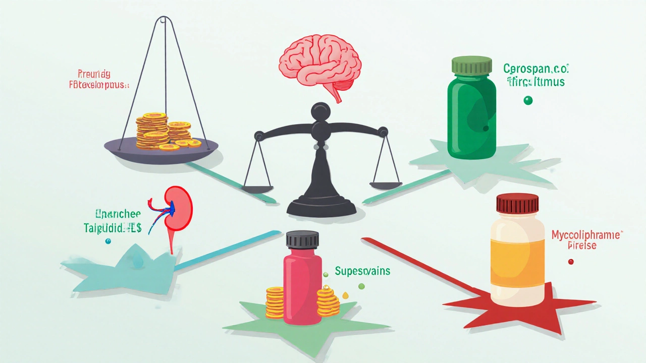 Conceptual illustration of a balance scale with cost and side‑effect icons leading to different drug bottles.