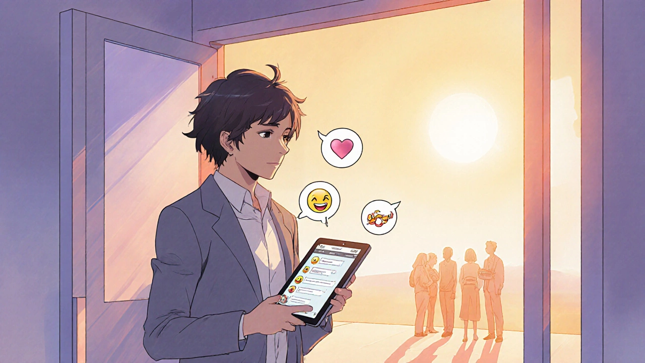Confident person leaving clinic, holding tablet with online support chat, sunrise backdrop.