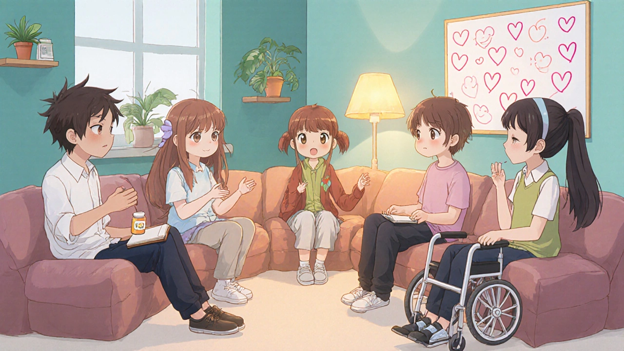 Cozy support group circle with diverse characters sharing and listening in a warm room.