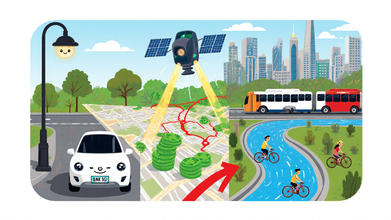 Cute ANPR camera, GPS satellite, and money river feeding buses, trams, and bike lanes.