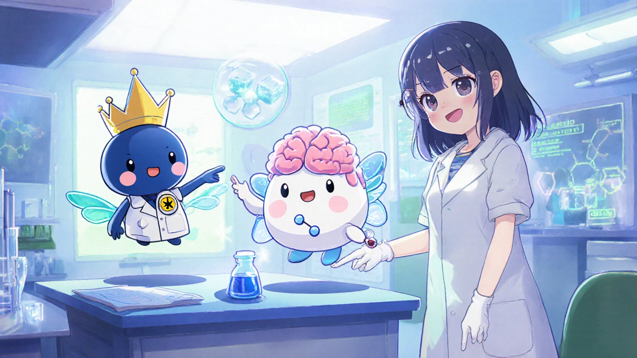 Cute lab scene featuring chibi oxypregnane, steroidal and glycoside molecules around a scientist.