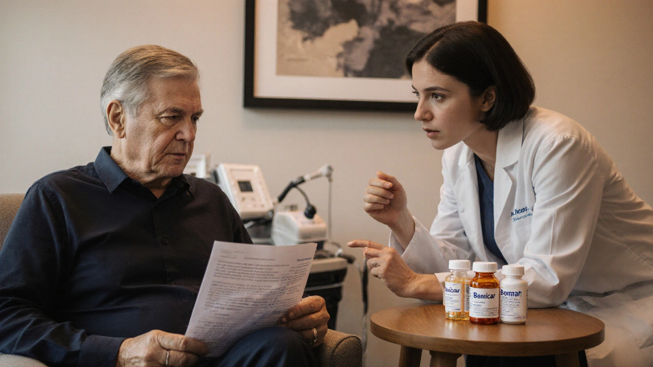 Doctor and patient discussing medication options with pill bottles on a table in a warm office.