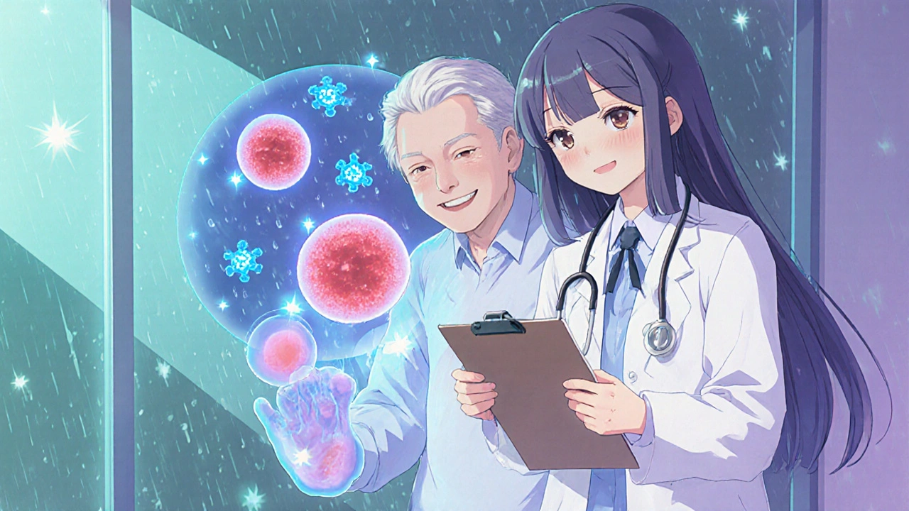 Doctor and patient smiling, with glowing blood cells and dissolving cancer cells in background.