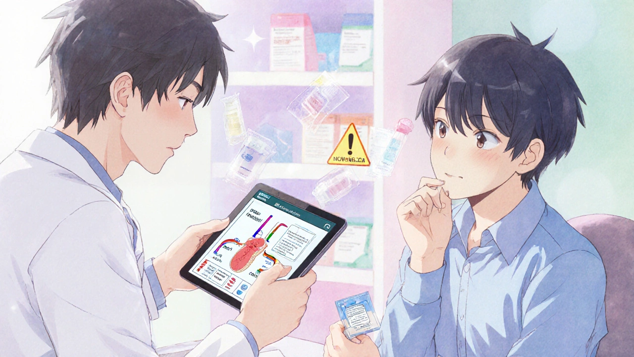 Doctor explaining sildenafil safety to patient, medical diagram visible on tablet, prescription labels in background.