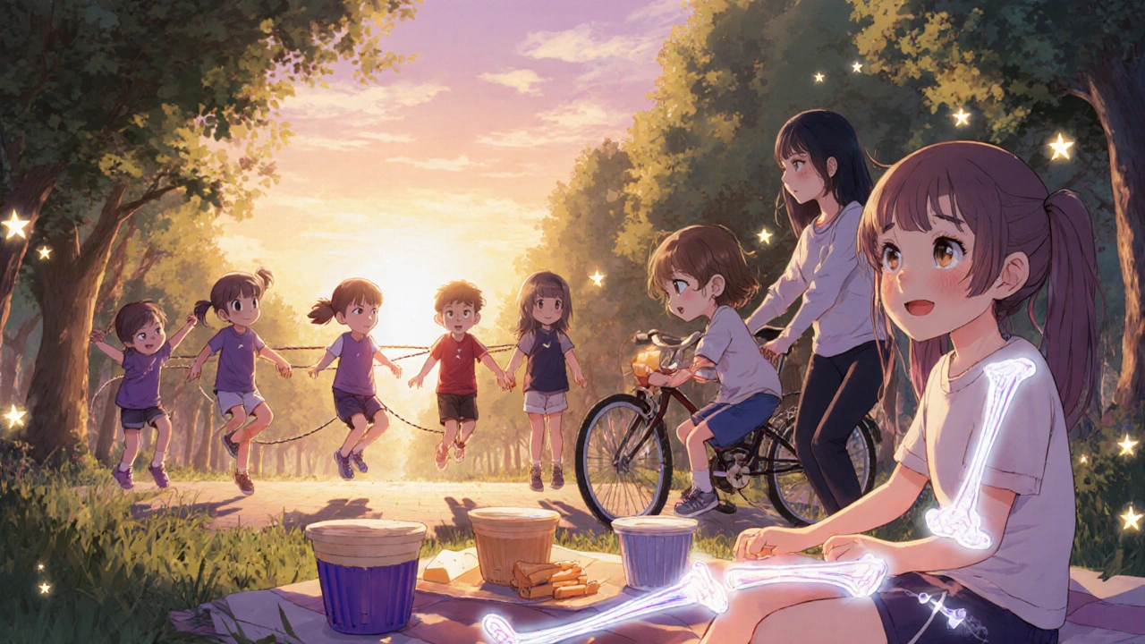 Family bike riding and picnicking with healthy snacks, glowing healthy bones overlay.