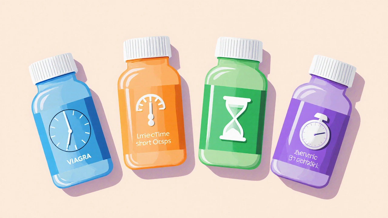 Five colorful pill bottles with clock and hourglass icons showing onset and duration.