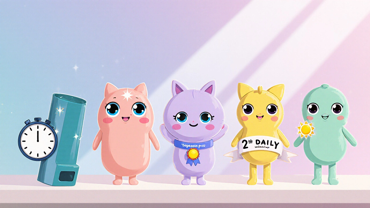 Five cute inhaler mascots lined up, each showing different dosing styles.