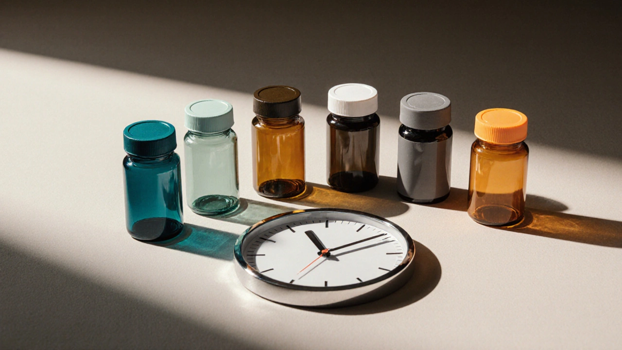 Five different pill bottles arranged on a table with a blurred clock indicating time differences.