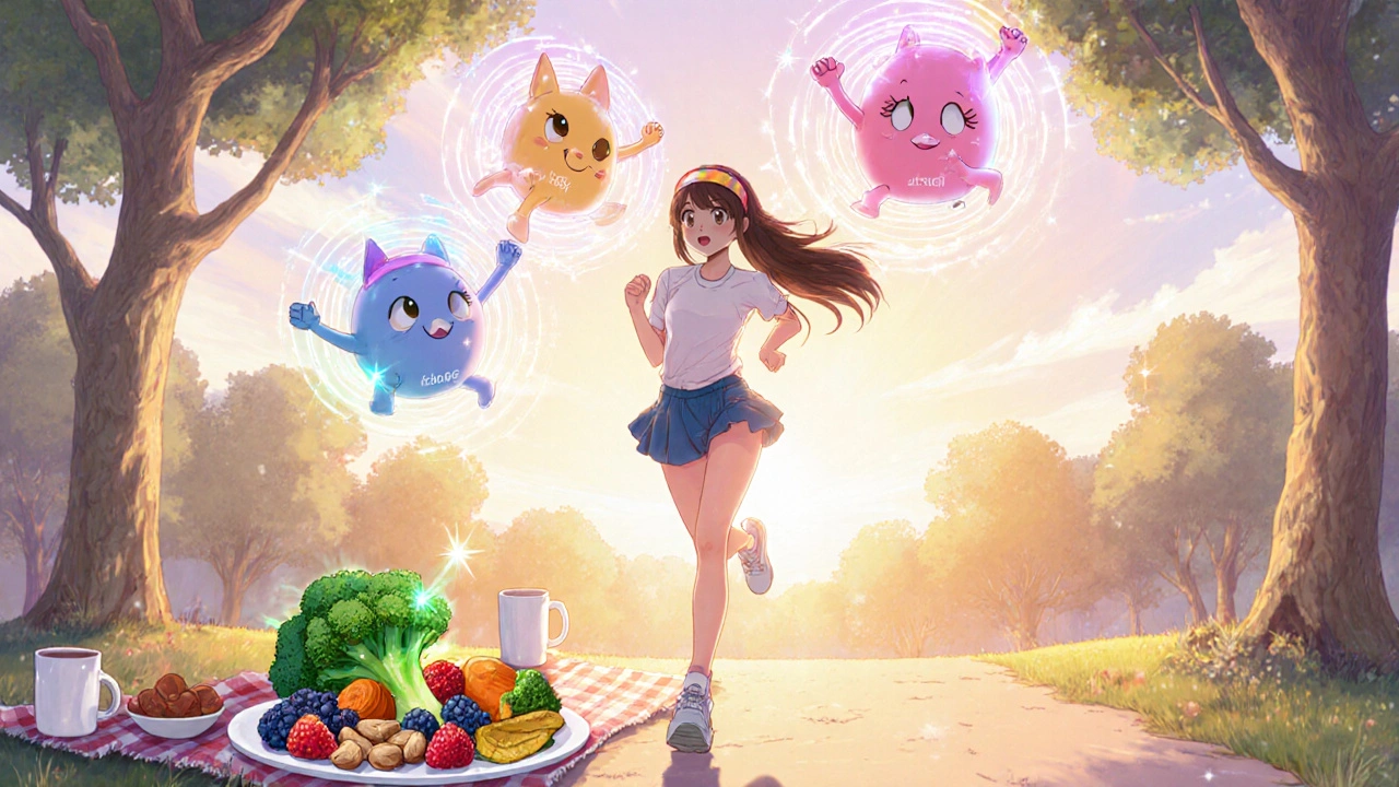 Girl jogging with bright food and happy enzyme mascots radiating energy.