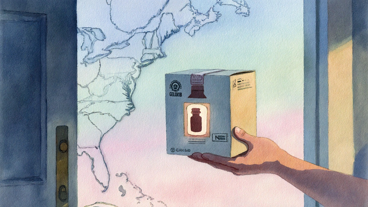 Hand receiving a sealed box of generic celecoxib at a pastel‑colored doorstep.