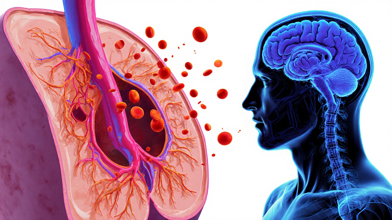 Illustration of cytokines flooding blood vessels and brain areas showing immune‑driven pain pathways.