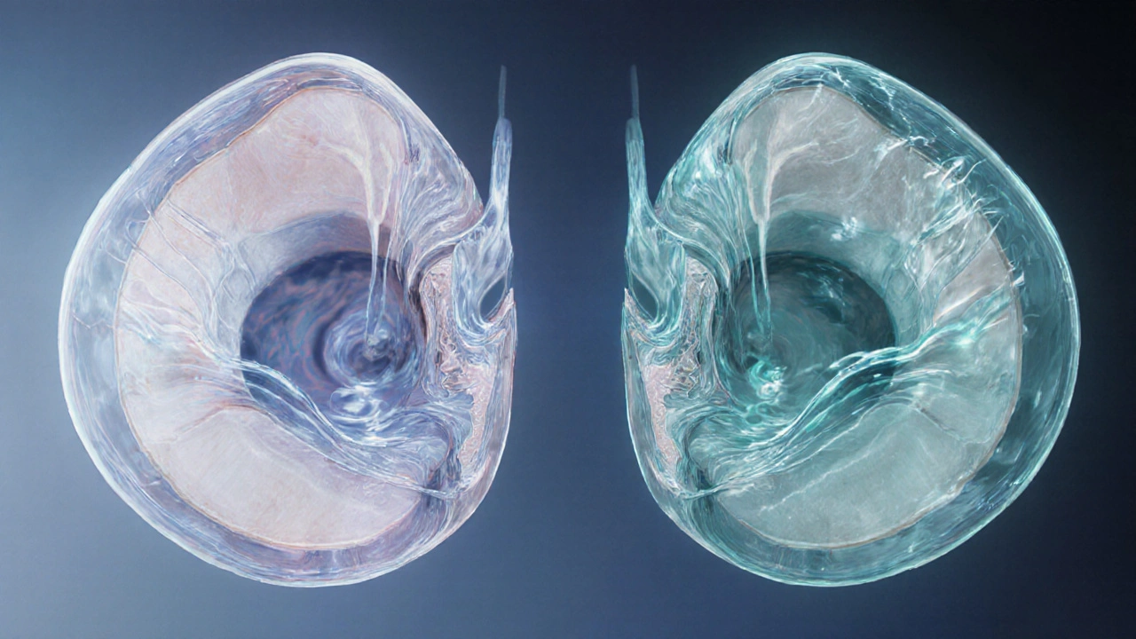 Illustration of inner ear canals showing fluid flow in hydrated vs dehydrated states.