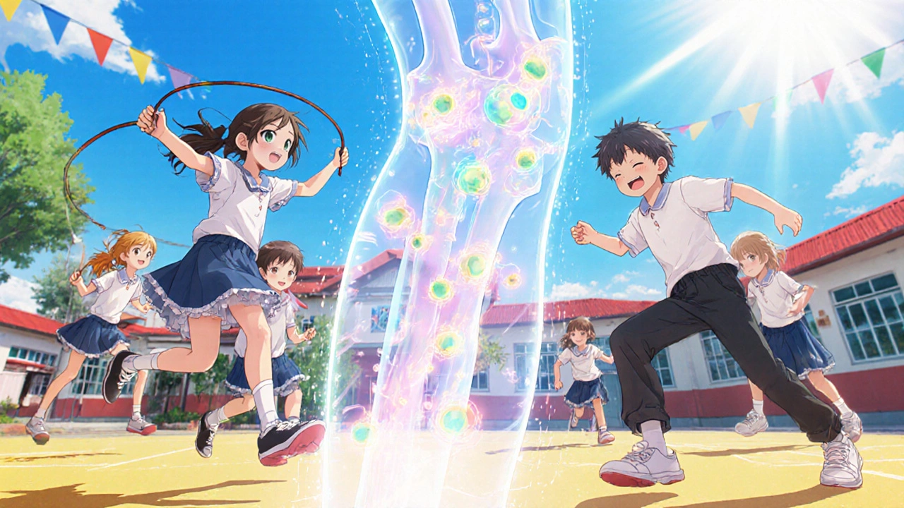 Kids jumping rope and running with glowing bone cells inside a transparent femur.