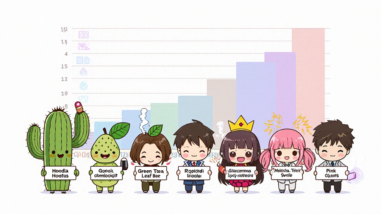 Lineup of adorable mascots representing Hoodia, Garcinia, green tea, caffeine, raspberry ketone, glucomannan, and Orlistat.