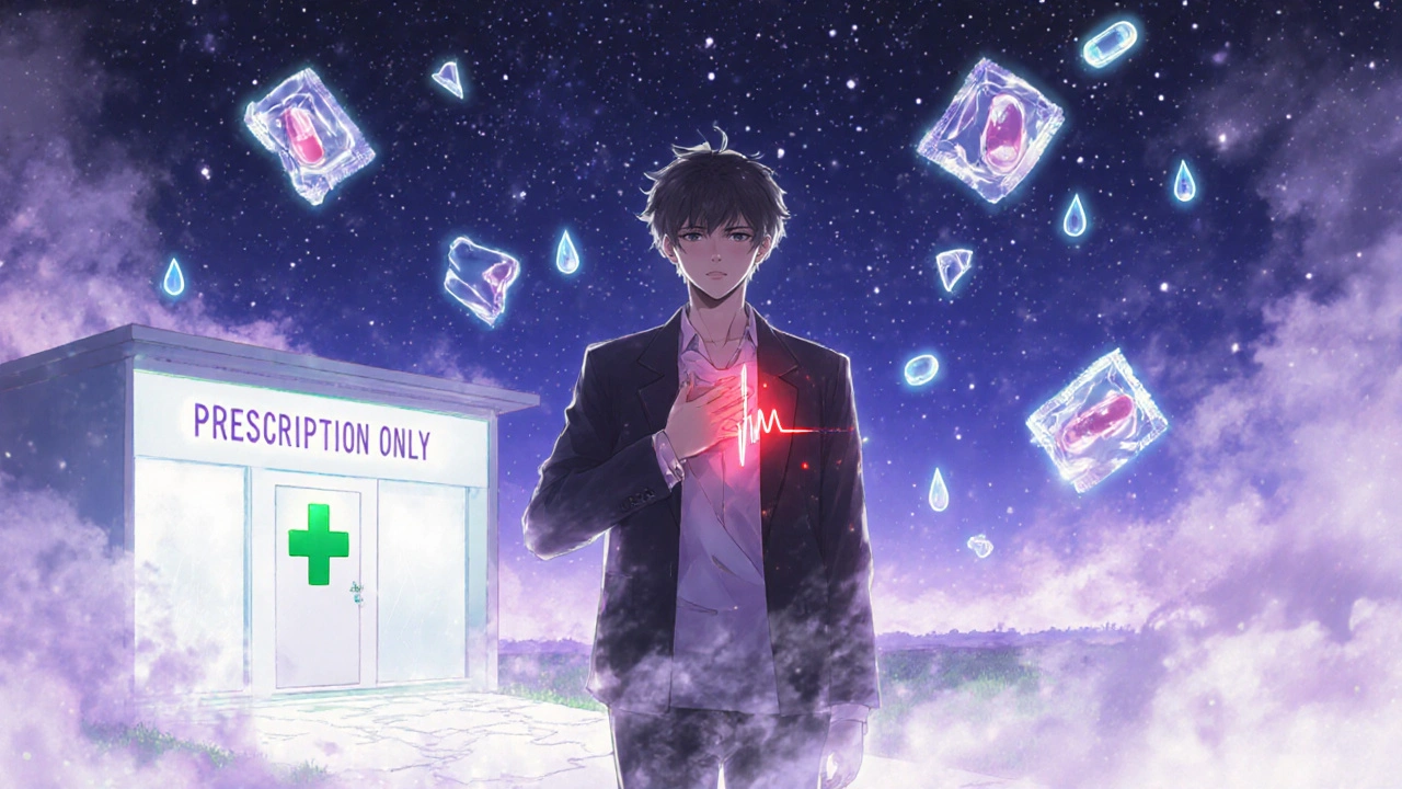 Man under starry sky with warning pulse from heart, dissolving jelly sachets, path leads to clinic.