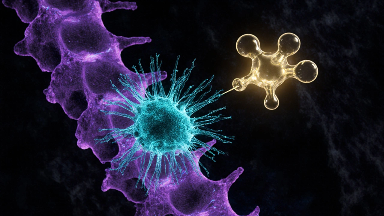 Microglia reaching a spinal neuron with a glowing TRP‑channel drug nearby.