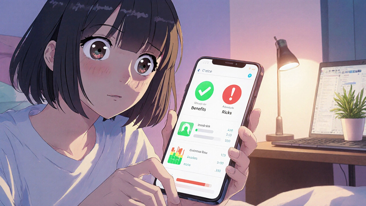 Moe character holding a smartphone showing a digital risk‑benefit summary with icons.