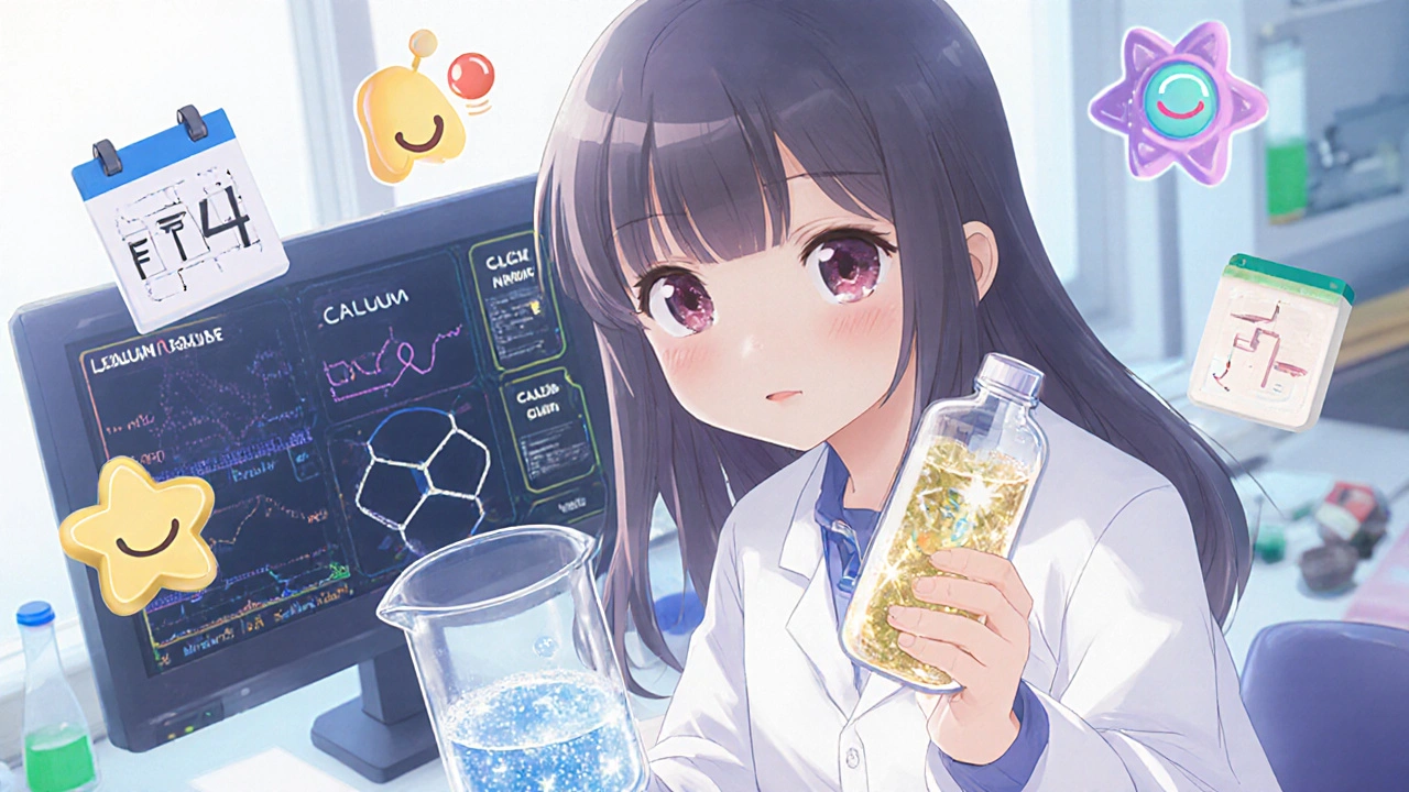 Moe researcher holds a vitamin D vial with lab equipment and floating hormone icons.