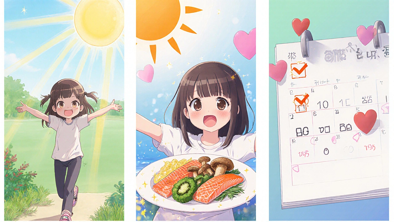 Montage shows sunrise, healthy meals, and calendar marks showing improved energy.