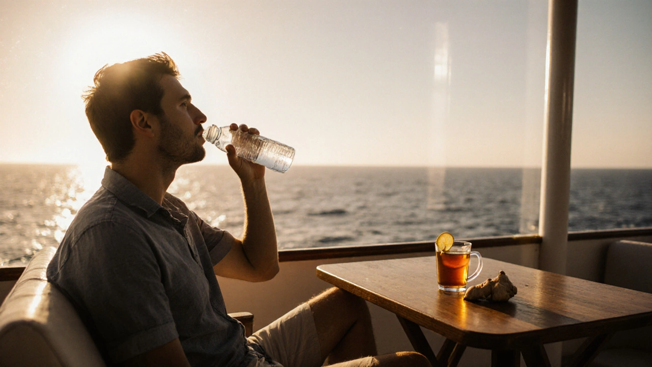 Passenger on a boat drinking water, looking at horizon with ginger tea beside them.