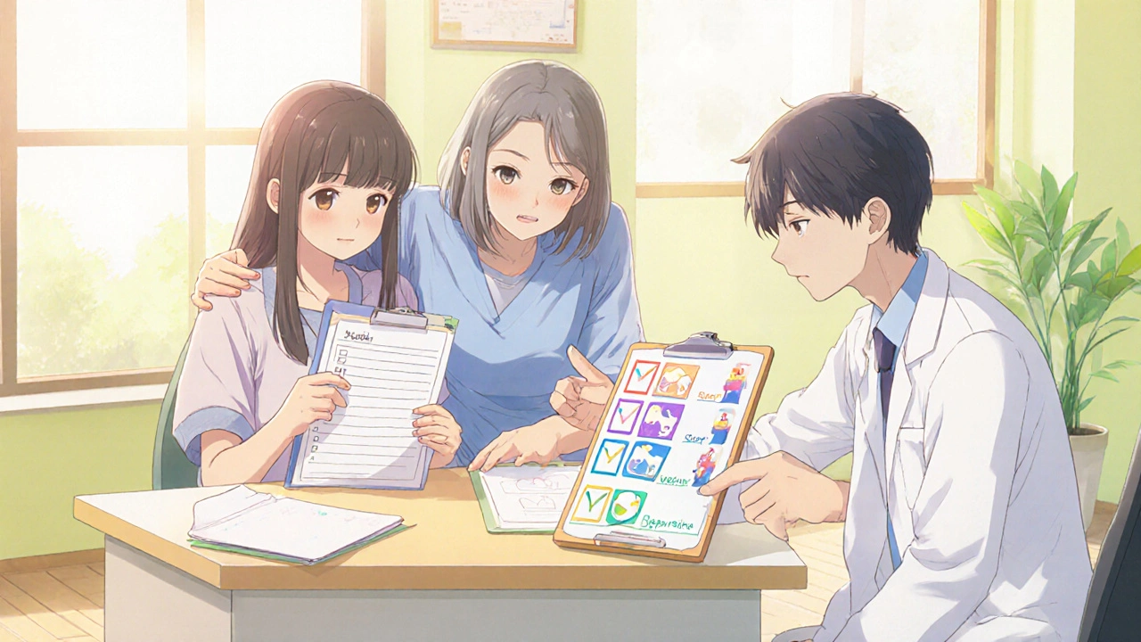 Patient, caregiver, and doctor reviewing a checklist together in a bright clinic.