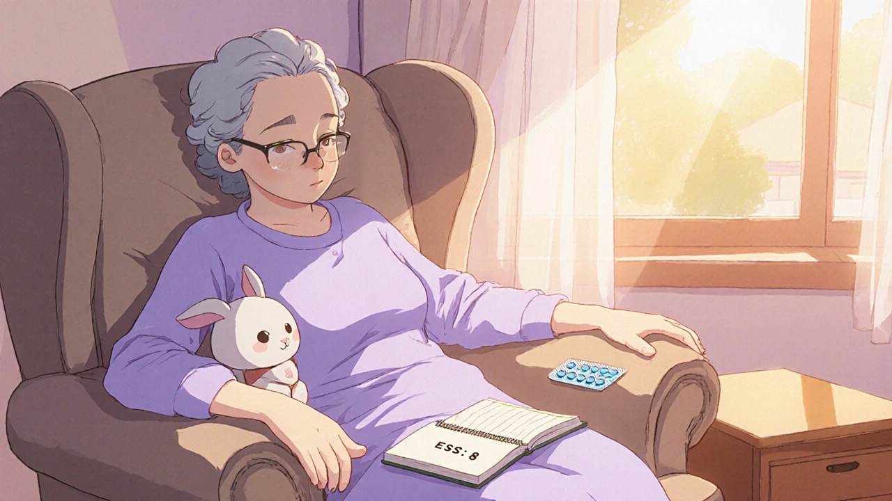 Patient takes a short nap on a couch, notebook showing ESS score beside ropinirole pills.