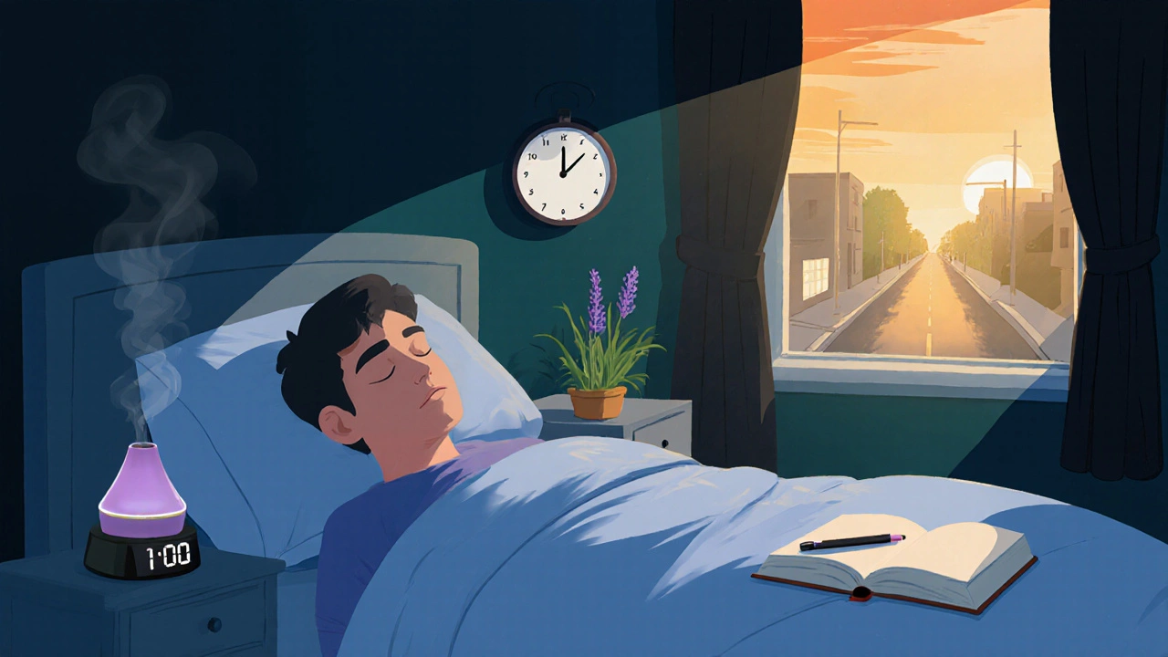 Peaceful sleeper in a sunrise-lit room with journal, diffuser, and soft morning light.