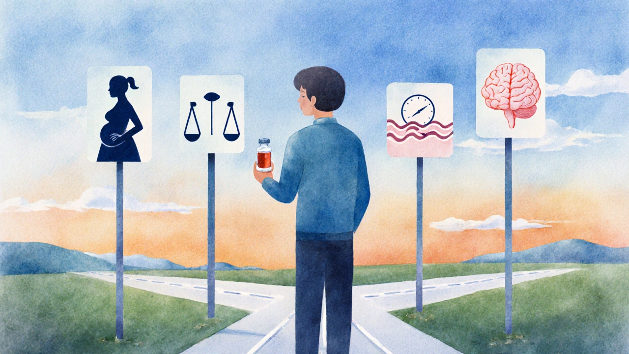 Person at a crossroads with icons for pregnancy, weight, time, and brain health, holding a medication vial.