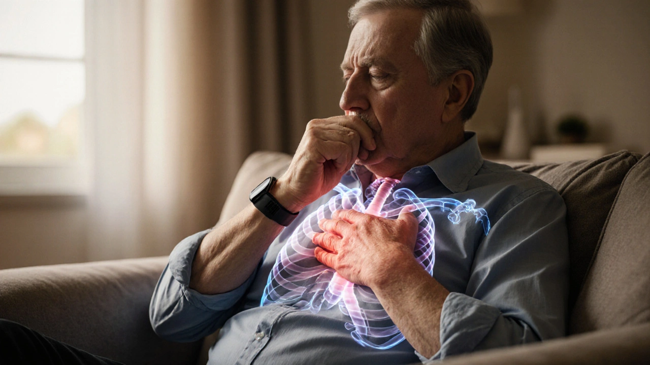Person at home coughing with visible chest tightness and elevated heart rate.