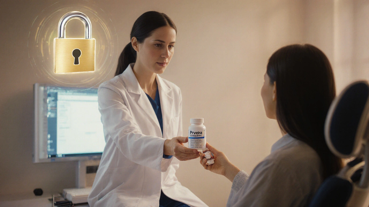 Pharmacist handing generic Provera tablets to a patient in a clinic.