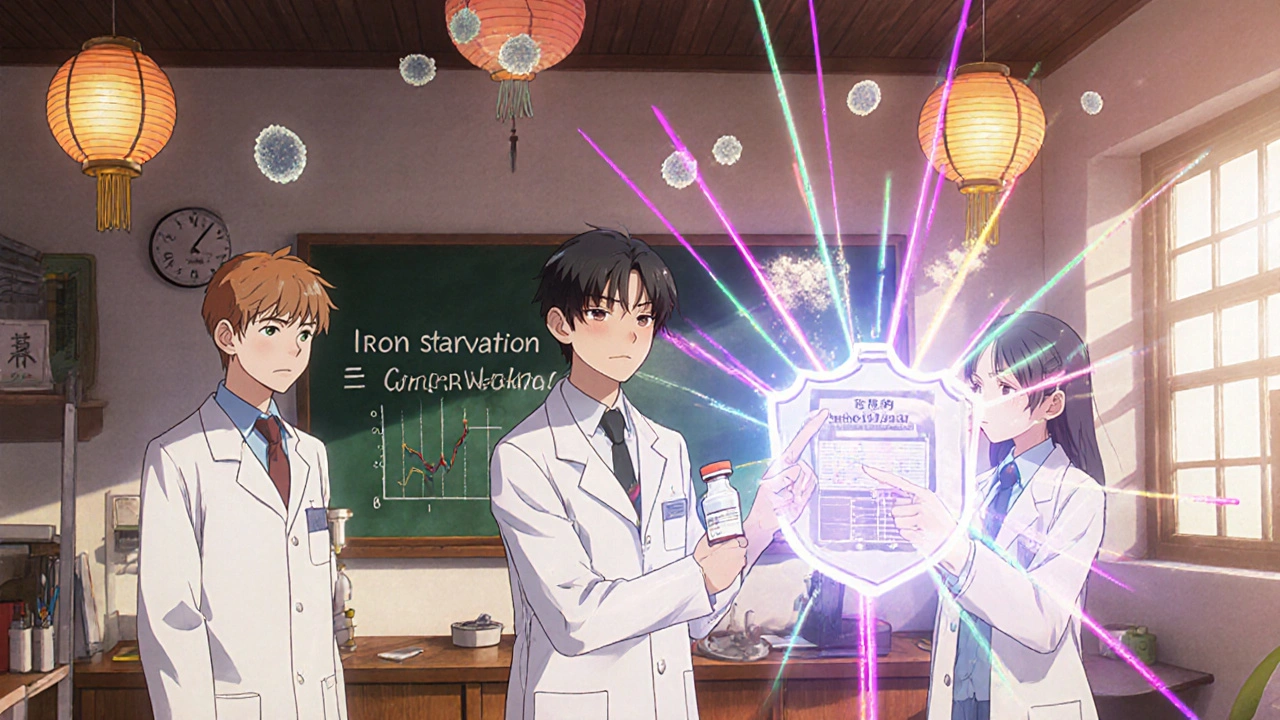 Researchers in a lab studying a hologram of improving blood counts, with crumbling biofilm icons.