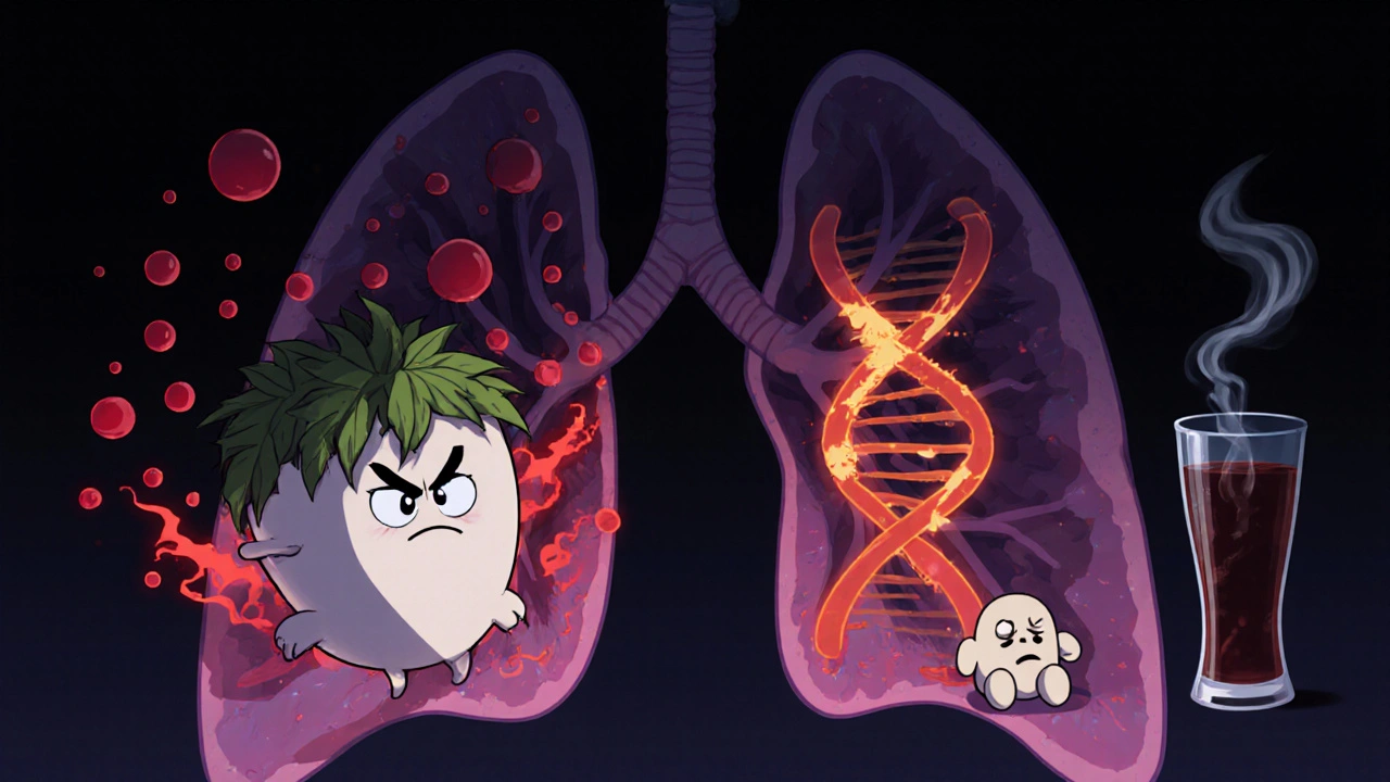 Sad enzyme characters surrounded by red ROS and damaged DNA in dark tissue.