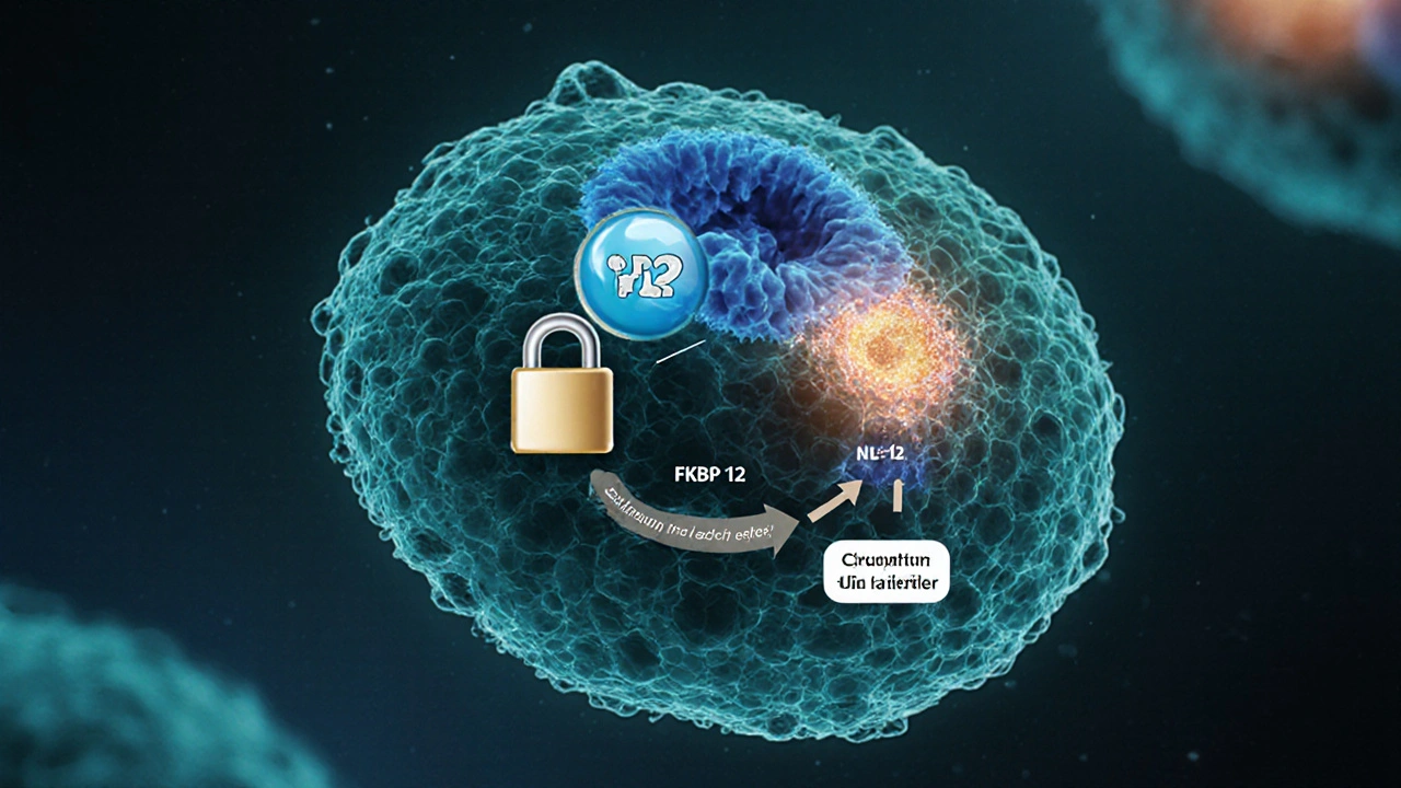 Scientific illustration of tacrolimus binding to FKBP-12 and blocking calcineurin in a T‑cell.