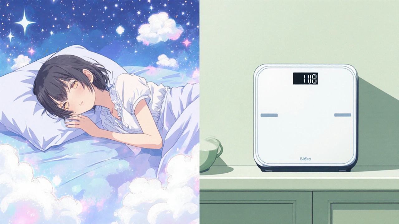Split scene of character sleeping peacefully and checking weight on a scale.