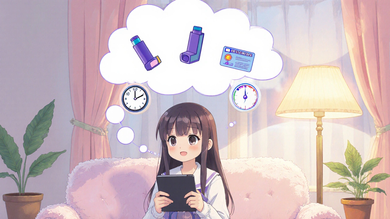 Teen girl thinking about inhaler choices, surrounded by helpful icons.
