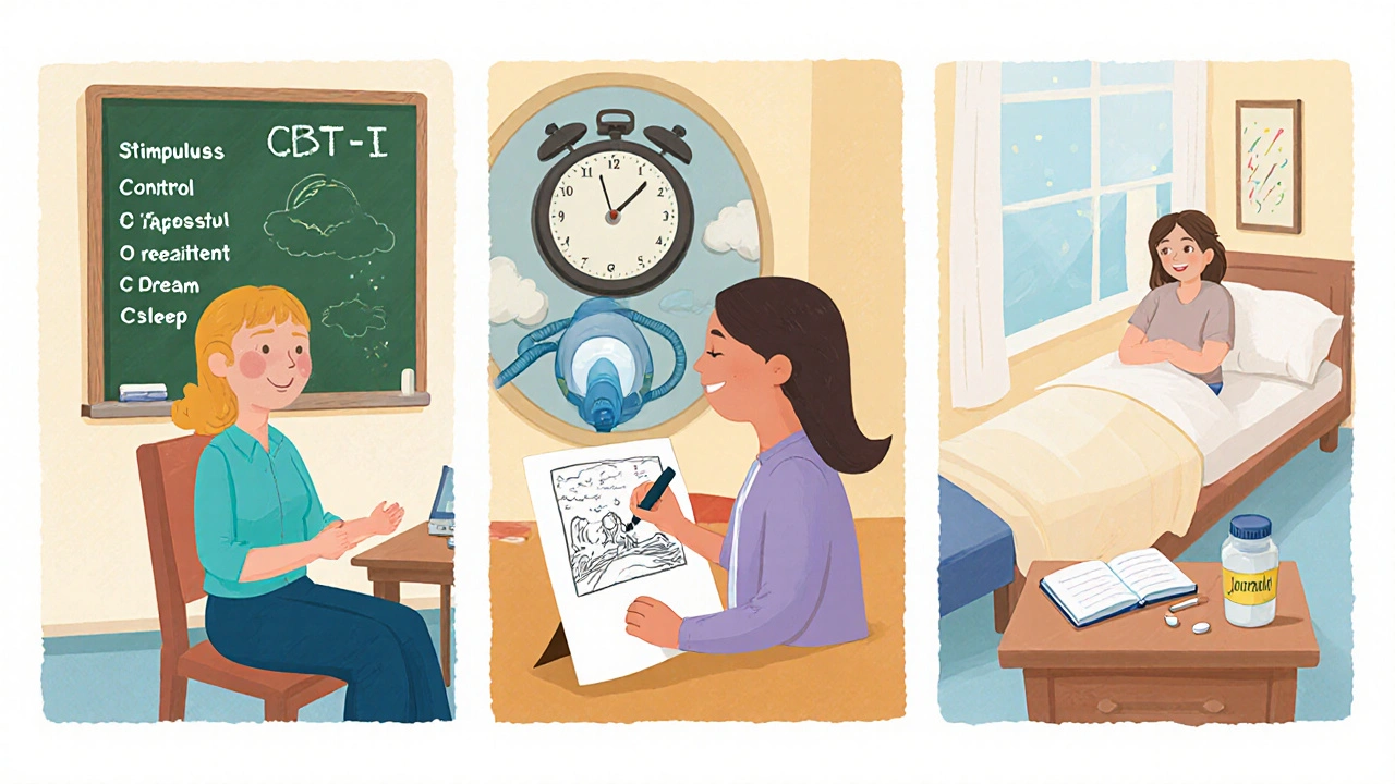 Therapist guiding a patient through CBT‑I, dream drawing, and a bedside with CPAP mask and pills.