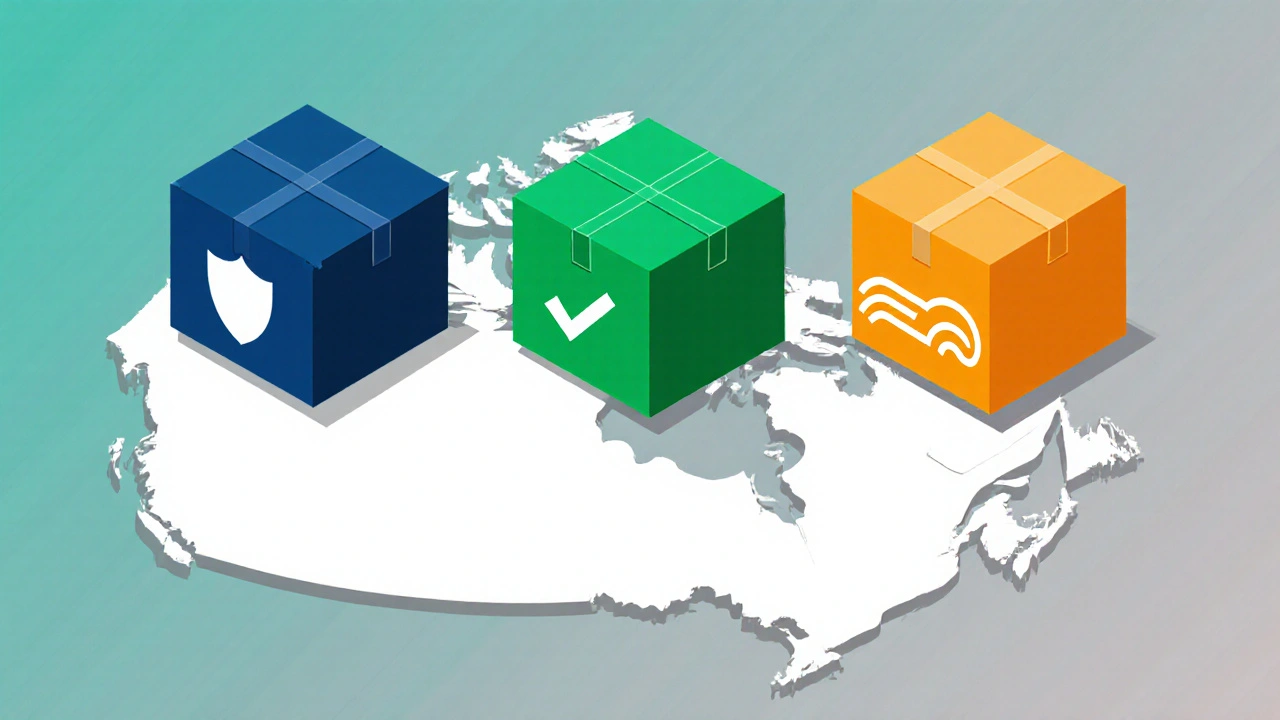 Three colorful parcel boxes representing verified Canadian online pharmacies.