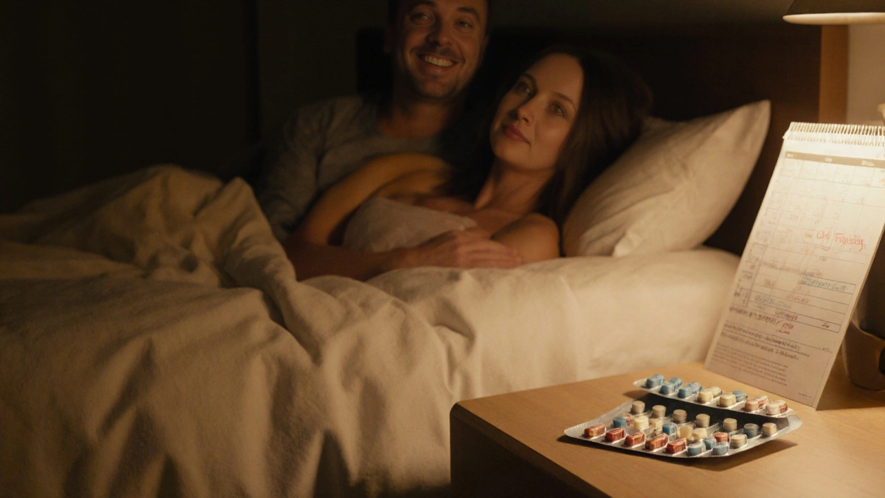 Warm bedroom scene with a couple and a bedside pill blister suggesting spontaneous intimacy.