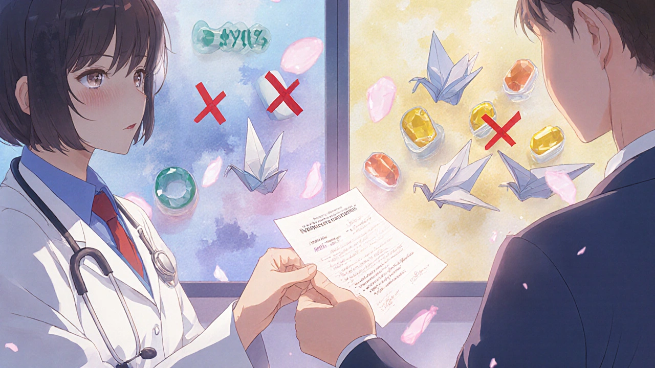 A doctor gives a veteran a paper crane symbolizing approval for a needed medication exception.