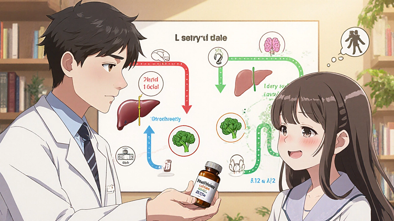 A doctor handing a methylfolate supplement to a girl, with a visual comparison chart in the background.