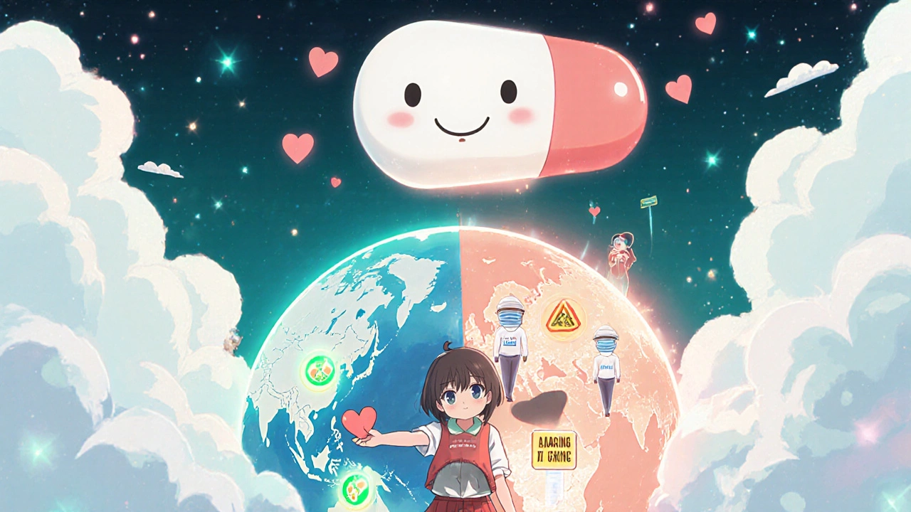 A giant pill above a globe, one side bright with safety checks, the other dim, as a girl reaches toward the light with a prescription.