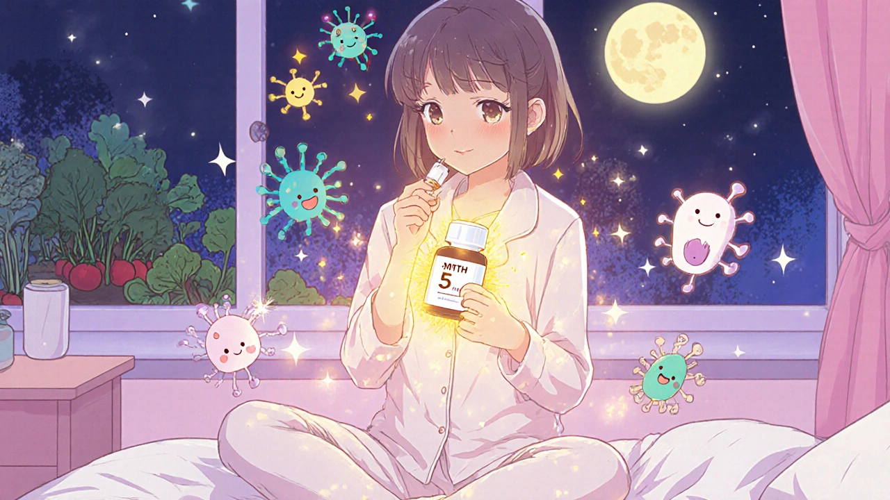 A girl taking a methylfolate capsule with glowing brain neurons and mood chemicals around her.