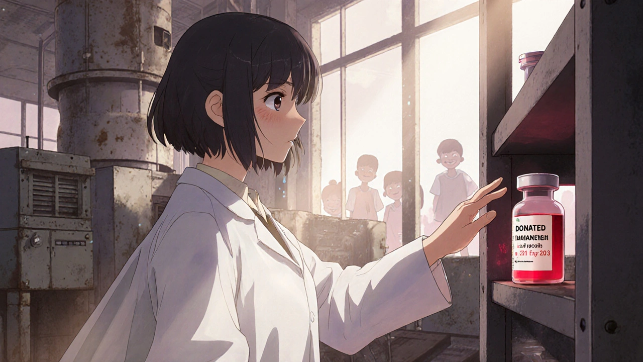 A lonely scientist touches an expired vaccine vial in a deserted factory, sunlight streaming in, faint silhouettes of children in the background.