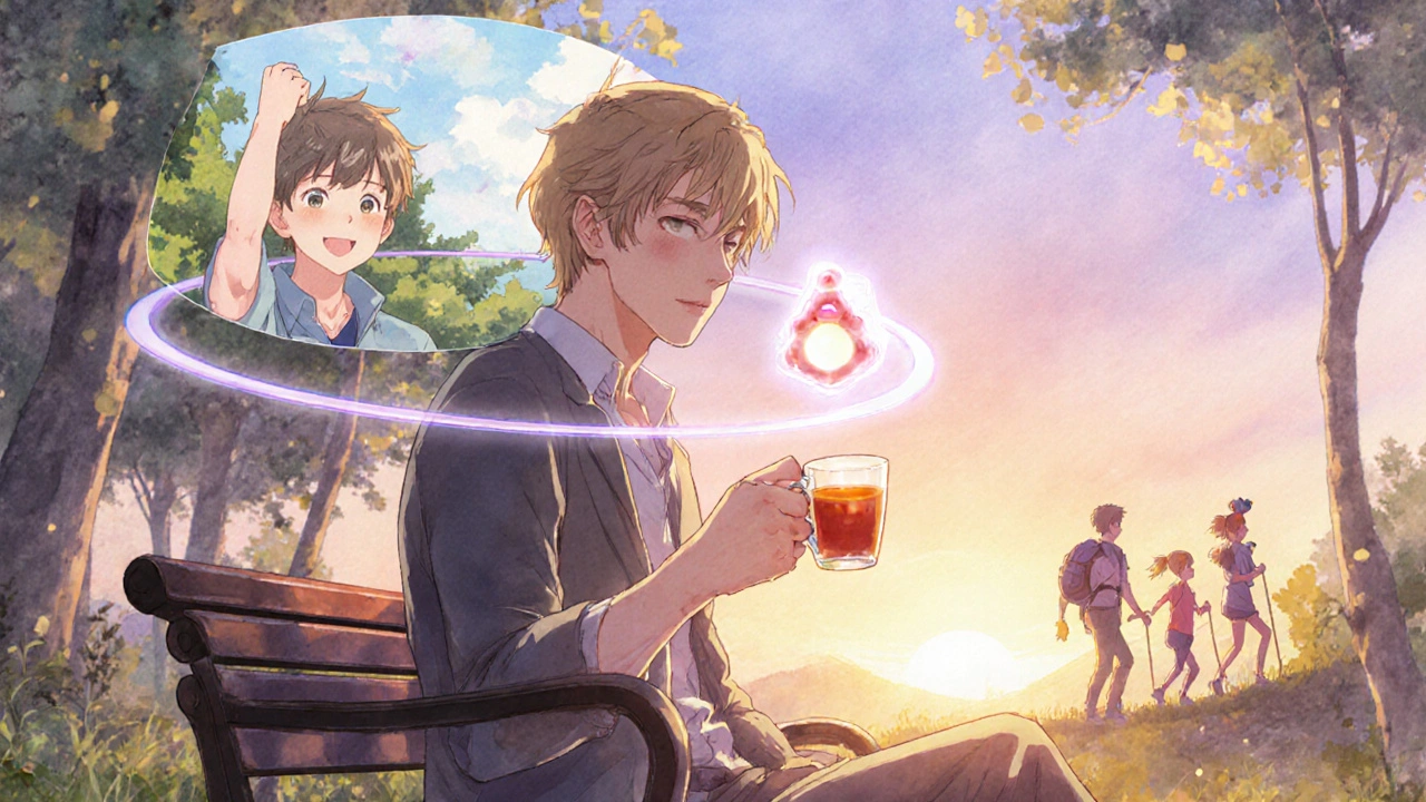 A man sits on a park bench as a statin molecule glows above him, showing his past symptoms fading and future health bright.