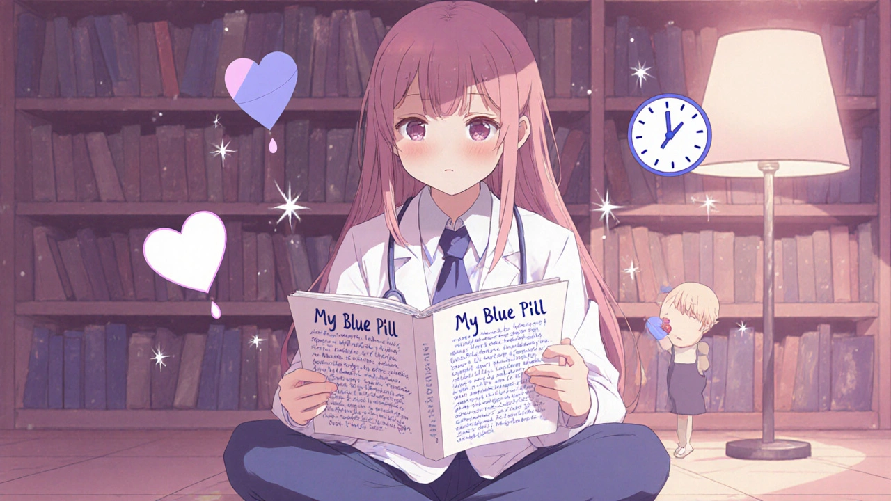 A medical student reading a heartfelt memoir, tears falling as emotional symbols float around.