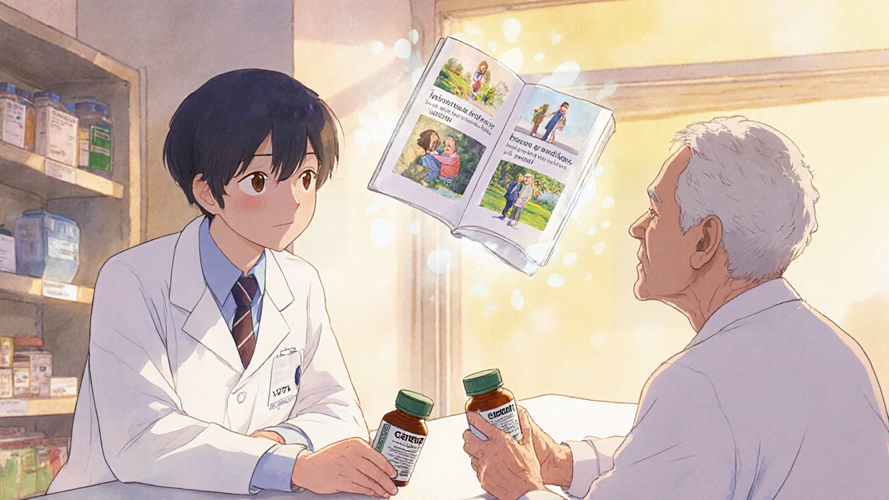 A pharmacist and patient sharing pill bottles with a glowing storybook between them.